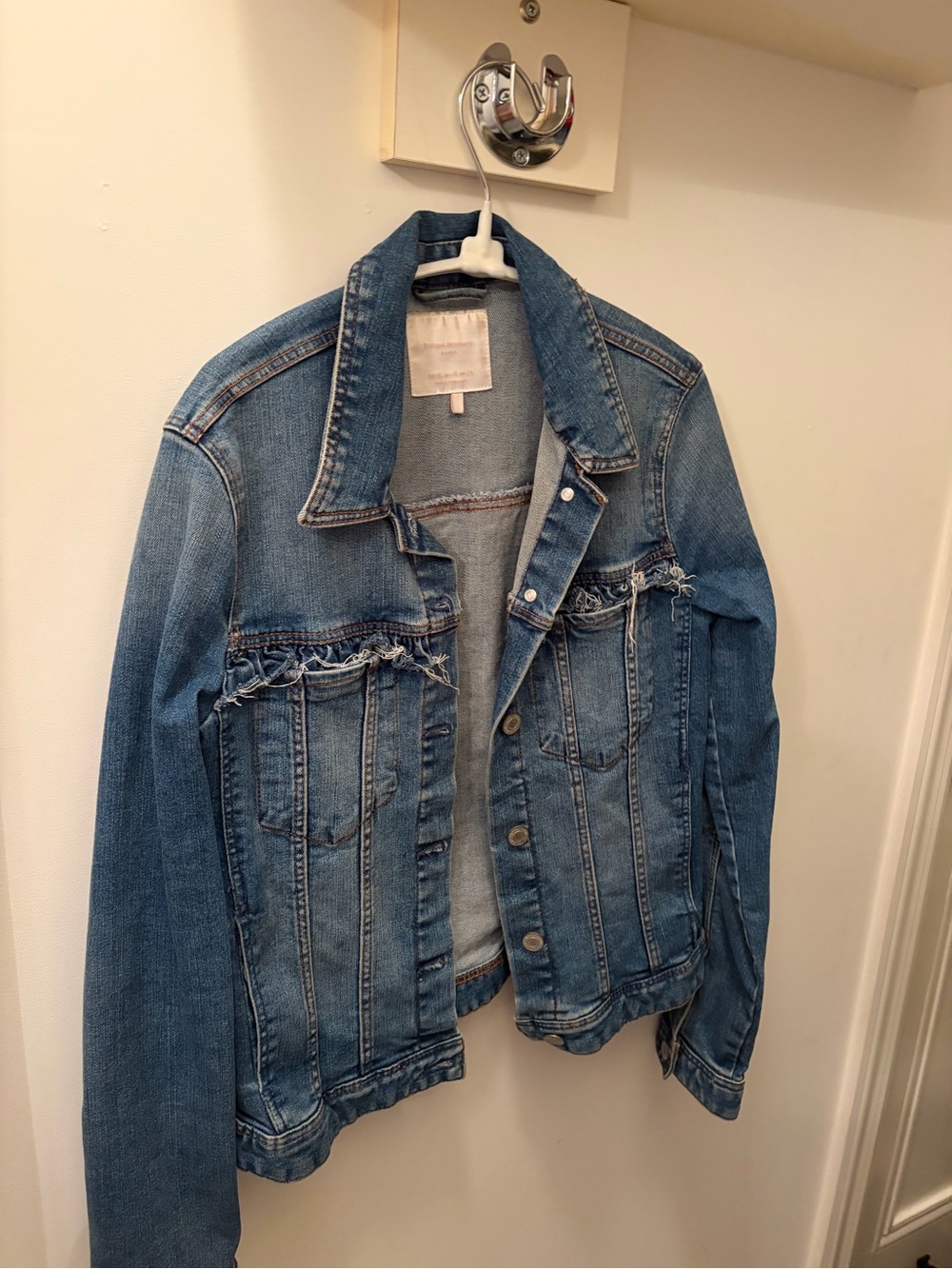 Zara Blue Denim Jacket with Frayed Chest Trim